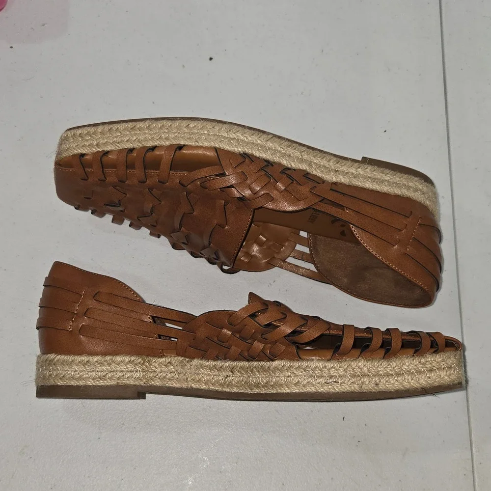 Sam & Libby Womens Woven Huarache Espadrille Flats Brown Square Toe 8.5